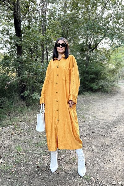 Juuuj Women's Mustard Bat Sleeve, Back Pleated, Double Pocket, Long Oversize Loose Shirt Dress