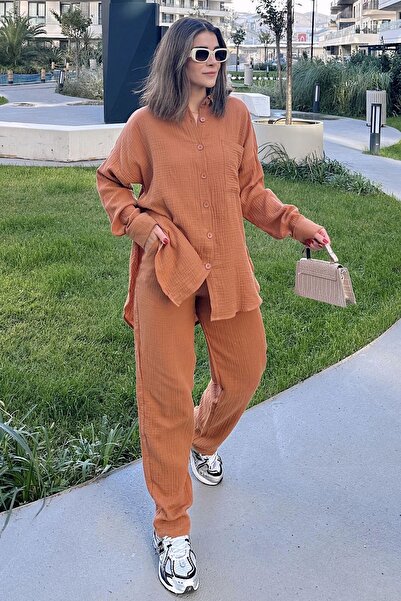 Juuuj Women's Tile Loose Long Shirt & Elastic Waist Trousers - Bottom & Top Muslin Fabric Set