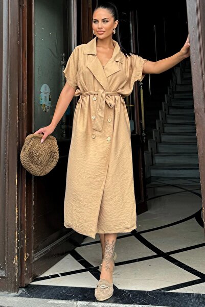 Juuuj Ženska bež haljina Kruvaze izrez , kratkih rukava, Sa detaljem kaiša , ...