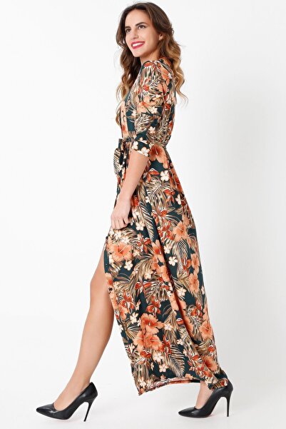 Juuuj Women's Khaki & Orange Floral Long Shirt Dress with Pattern - Long Sleeve Waist Belt Detail Suitable for Hijab