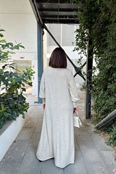 Juuuj Kadın Bej Boğazlı, Uzun Kolları Manşet Ve Pencere Detaylı, A Kesim, Salaş, Uzun Elbise