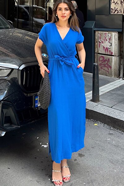 Juuuj Saks Kruvaze Yaka, з розрізом, з поясом на талії, не ковзає, бавовняна, імпортна муслінова тканина, довга сукня