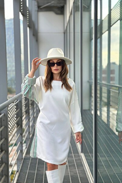 Juuuj Γυναικείο μανίκι μέντα & εκρού διπλωμένο, ζώνη μέσης, στρογγυλή λαιμόκοψη, φαρδύ φόρεμα