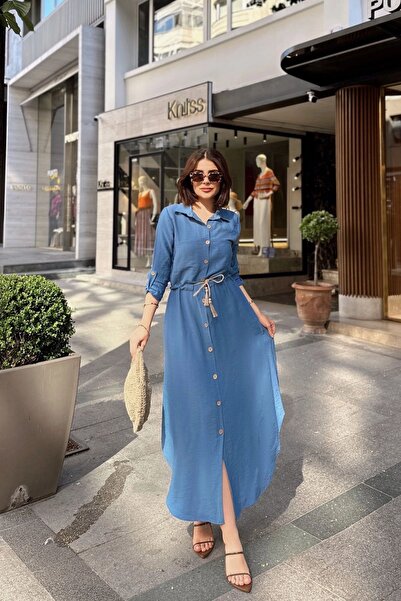 Juuuj Індіго, довгі рукави, льон/айробін, пояс на шнурку, довга сукня з плетеним поясом