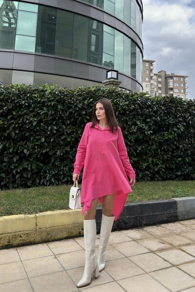 Juuuj Γυναικείο φούξια πουκάμισο γιακάς, μακρυμάνικο, ασύμμετρη εφαρμογή, φαρδύ, μίντι τουνίκ φόρεμα