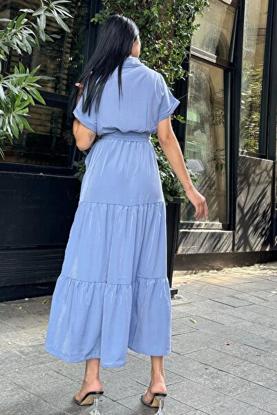 Juuuj Rochie albastră cu pliuri cu curea maxi jachetă lungă