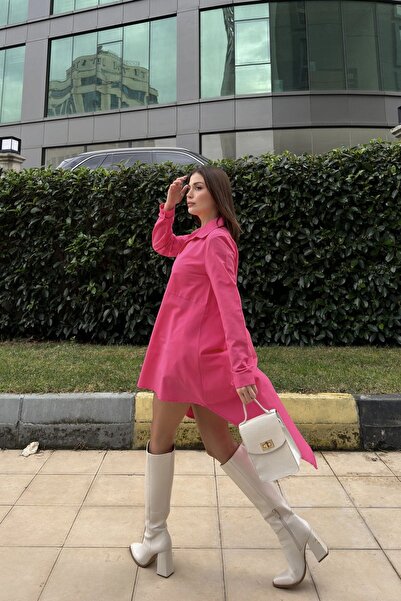 Juuuj Γυναικείο φούξια πουκάμισο γιακάς, μακρυμάνικο, ασύμμετρη εφαρμογή, φαρδύ, μίντι τουνίκ φόρεμα