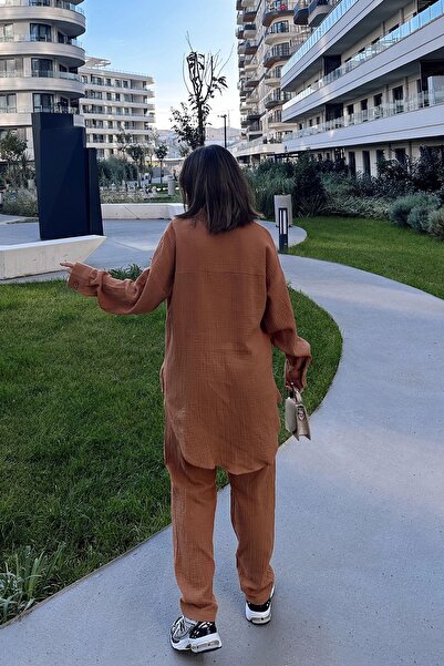 Juuuj Women's Tile Loose Long Shirt & Elastic Waist Trousers - Bottom & Top Muslin Fabric Set