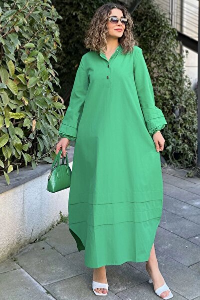 Juuuj Γυναικείο πράσινο φόρεμα με γιακά δικαστή, ελαστικό μανίκι με μπαλόνι, υφασμάτινη ραφή στη φούστα και τα μανίκια, μακρύ φαρδύ φόρεμα
