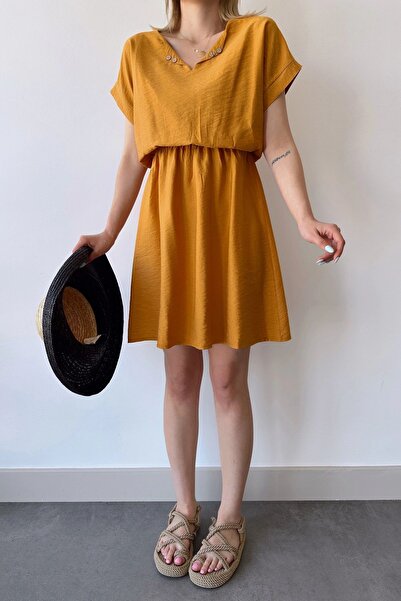 Juuuj Women's Mustard Short Sleeve, Heart Collar, Textured Pattern, Waist Fitting, Aerobin Elastic Waist Midi Dress