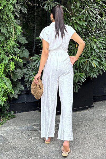 Juuuj Γυναικεία λευκή λινή/αιρομπινική ύφασμα, χαλαρή εφαρμογή, με τσέπες, μισό κολάζ, με ζώνη/με κορδόνι