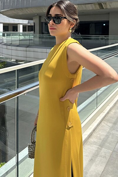 Juuuj Women's Mustard Sleeveless, Round Neck, Deep Slit, A-Line Lycra Tunic Dress