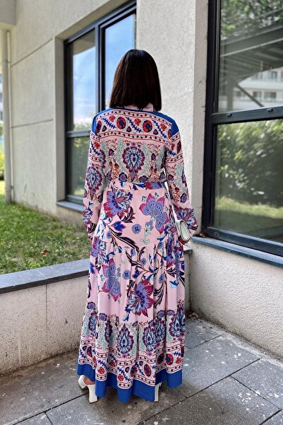 Juuuj Жіноча рожева та синя сорочка з коміром, довгими рукавами, плісированою спідницею, поясом на талії, вільним кроєм, довга сукня