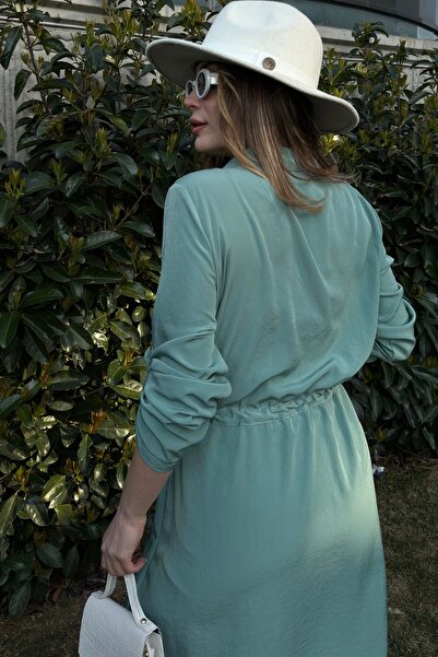 Juuuj Γυναικείο μακρυμάνικο μέντα, βαθύ γιακά πουκάμισο, δεμένη μέση με κουμπιά μπροστά με τσέπες, φαρδύ φόρεμα σε γραμμή Α