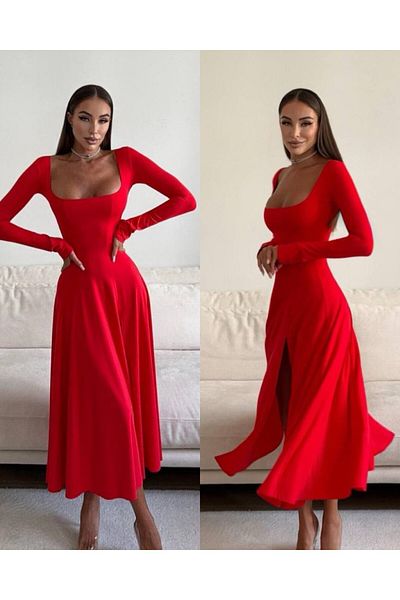 hipnoz butik Women's Square Collar Long Sleeve Slit Dress