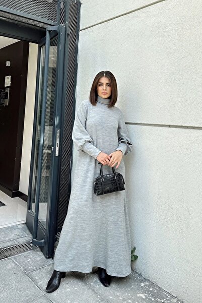 Juuuj Kadın Gri Boğazlı, Uzun Kolları Manşet Ve Pencere Detaylı, A Kesim, Salaş, Uzun Elbise