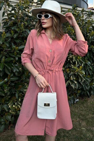 Juuuj Γυναικείο μακρυμάνικο πουκάμισο σε σκόνη, βαθύ γιακά πουκάμισο, δεμένη μέση με κουμπιά μπροστά, φαρδύ φόρεμα σε γραμμή Α