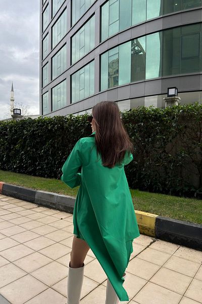 NEW LAVİVA Guler cămașă verde pentru femei, mânecă lungă, croială asimetrică, largi, rochie tunică midi