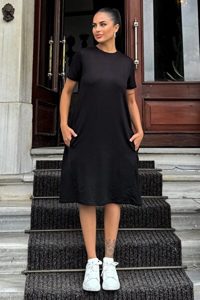 Juuuj Γυναικείο μαύρο φόρεμα με στρογγυλή λαιμόκοψη, κοντό μανίκι, μήκος μέχρ...