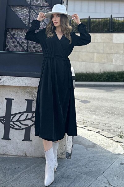 Juuuj Жіноча чорна сукня з кружевим коміром, розрізом, поясом на талії, еластичними манжетами, вільного крою, довга