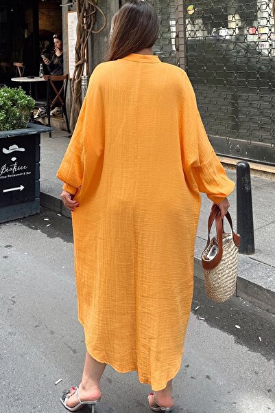 Juuuj Women's Mustard Balloon Sleeve, Judge Collar, Anti-Sweat Cotton, Imported Muslin Fabric, Long Loose Dress