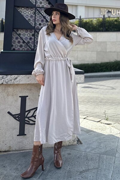 Juuuj Γυναικείο μπεζ διπλό γιακά, σκίσιμο, ζώνη μέσης, ελαστικός αστράγαλος, ...