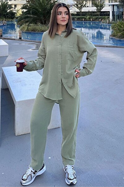 Juuuj Women's Khaki Loose Long Shirt & Elastic Waist Trousers - Bottom & Top ...