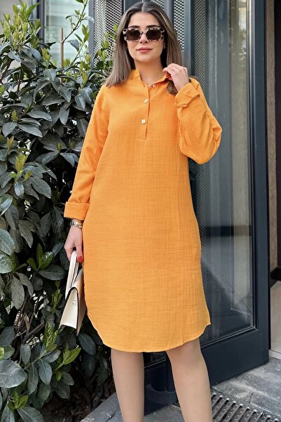 Juuuj Women's Mustard Judge Collar, Folded Wide Sleeve, Midi & Oversize Cut, Loose Muslin Dress