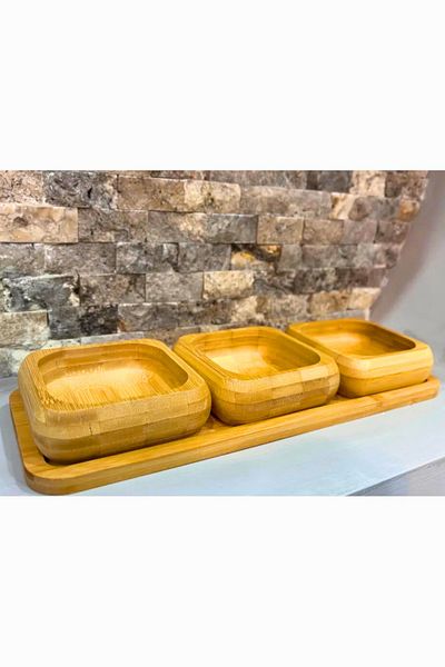 Woodcept 3-Piece Bamboo Snack Bowl with Stand, Breakfast Bowl Set, Bamboo Nuts Set