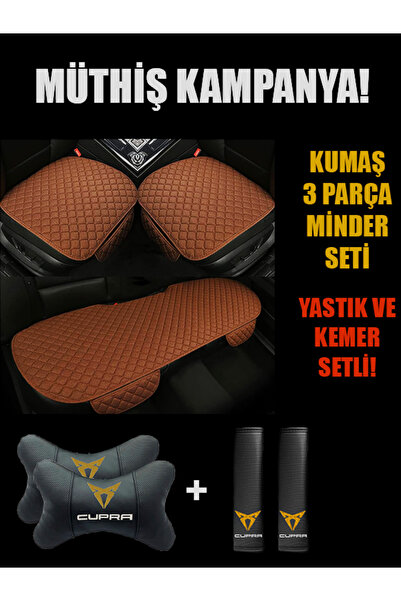 mutlu oto aksesuar Kumaş Oto Koltuk Minder Cepli 3 Parça Cupra Yastık Kemer Seti
