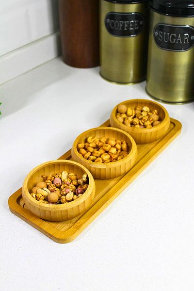 Woodcept 3-Piece Bamboo Snack Bowl with Stand, Breakfast Bowl Set, Bamboo Nuts Set