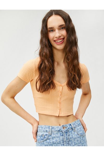 Koton Crop T-Shirt V-Neck Short Sleeve Button-Up