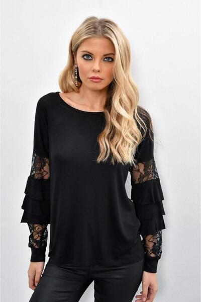 Pasaklı Giyim Kadın Yuvarlak Yaka Kol Tül Dekolteli Uzun Kollu Bluz 4725120