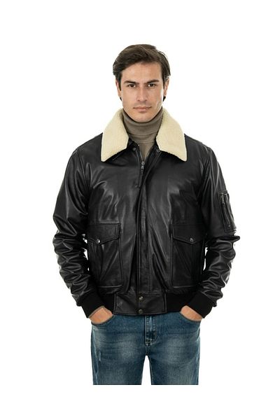 By Marki Marki Maverick Black and White Leather Pilot Coat - Fur Collar, Zip-Up, 1St. Class Quality