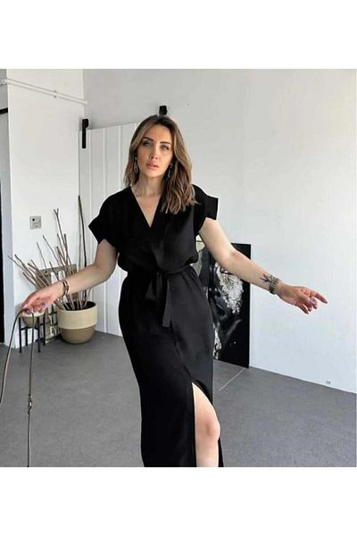 Pasaklı Giyim Rochie lungă de zi cu zi pentru femei, cu centură de in negru, cu mâneci scurte, tăiată casual, cu fante 3221300