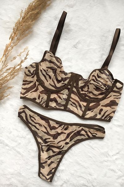 MODA Εσώρουχα G&H - Σετ μπουστάκι με λεπτομέρεια από τούλι με μοτίβο καφέ ζέβρας 2 τεμαχίων