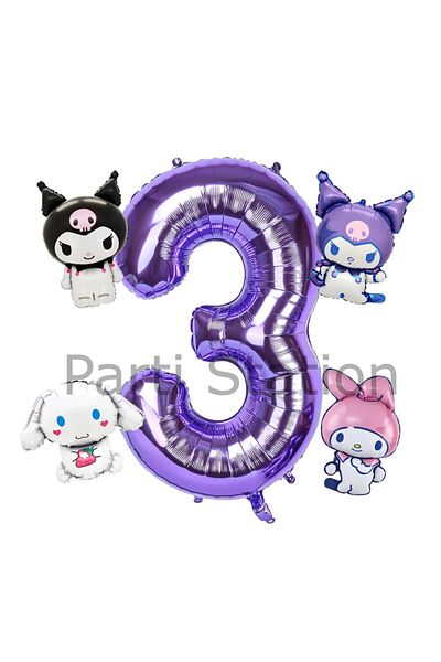Parti Station Kuromi Mymelody Cinnamonroll - 3 Years Old Mini Purple Balloon Set, Birthday Concept