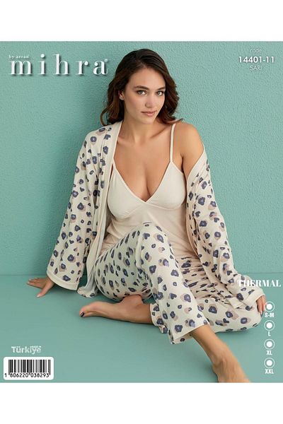 Mihra 14401-11 Beige and Lilac Leopard Patterned Thermal 3-Piece Pajamas Set