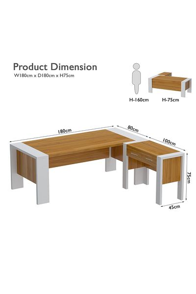 Mahmayi Moderno A01 L-Shaped Workstation Executive Desk with 2 Drawers for Office-Light Walnut