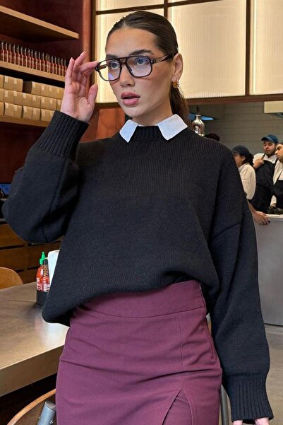 Madmext Pulover negru cu gât supradimensionat tricot MG1972