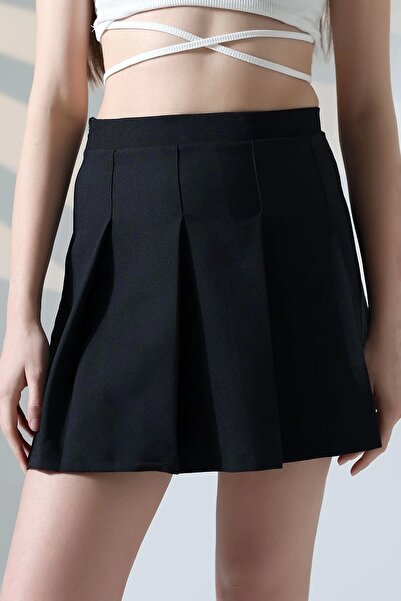 NO979 Fusta mini plisată cu talie înaltă, neagră, cu fermoar, de bază