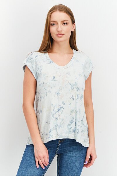 Wilt Women Round Neck Cap Sleeve Textured Top, Grey Combo