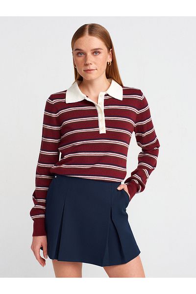 Dilvin 10712 Pulover din tricot moale cu dungi cu gât polo-Burgundy-Ecru