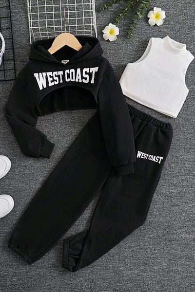 Riccotarz Κοριτσίστικο φανελάκι West Coast Print με κουκούλα Crop Camisole 3 τμχ Μαύρο κοστούμι αθλητικής φόρμας
