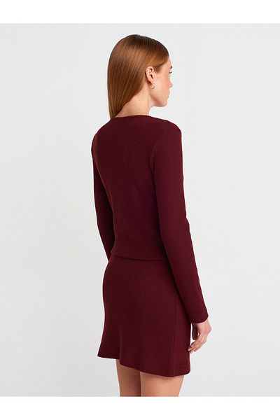 Dilvin 60424 Button Detailed Long Sleeve Cardigan-Claret Red