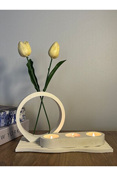 Home Beton Dekorasyon Set (3lü Tealight Mumluk, Yuvarlak Vazo ve Dalgalı Sunu...