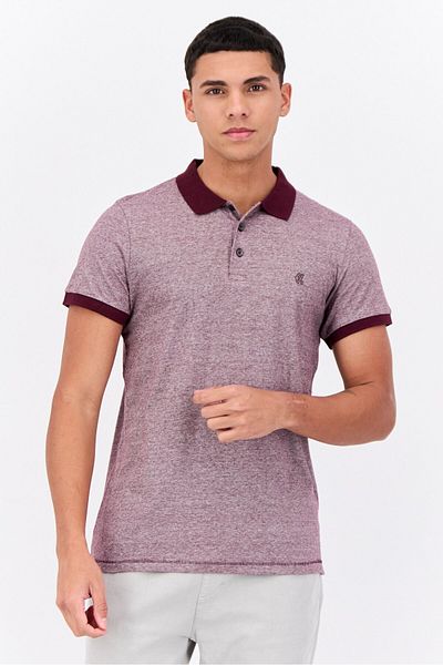 French Connection Men Regular Fit Brand Logo Short Sleeves Polo Shirt, Heather Burgundy
