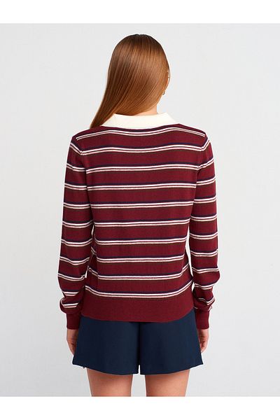 Dilvin 10712 Pulover din tricot moale cu dungi cu gât polo-Burgundy-Ecru