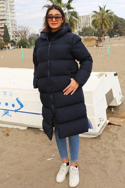 ASG TEKSTİL Navy Blue Color Regular Fit Zipper Closure Hooded Women's Puffer Coat