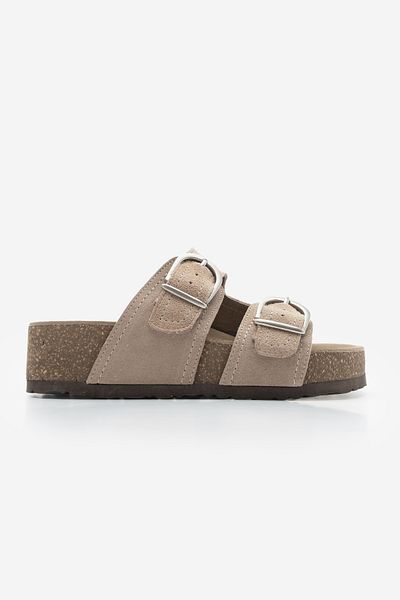 Marjin Papuci de damă din piele intoarsa bej - piele naturala, benzi duble si talpa din pluta Casual Zenpa